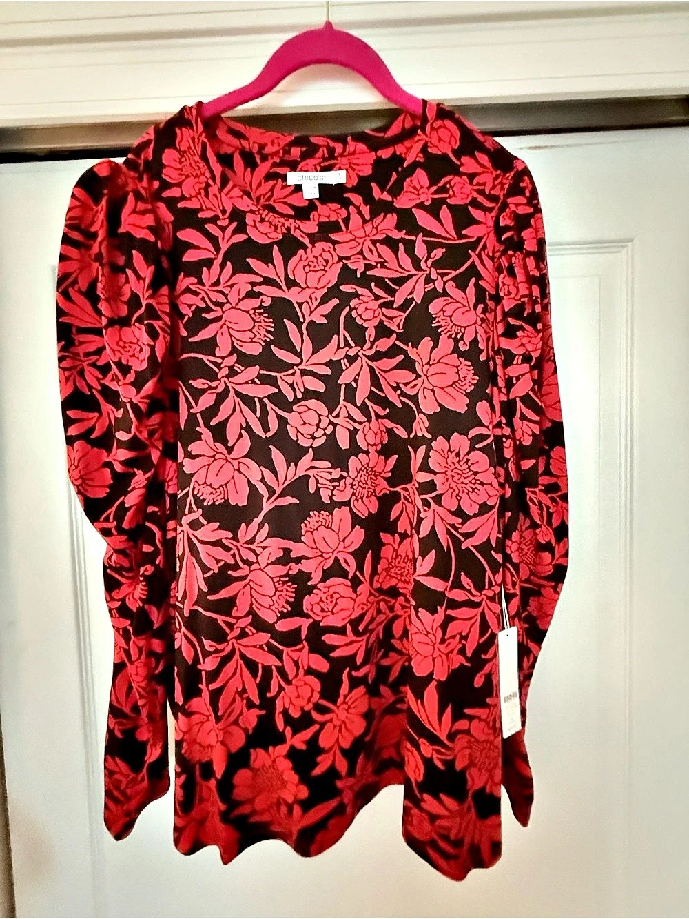 NWT Chico’s Touch of Cool Ruched Long Sleeve Top Floral Wild Poppy Print
